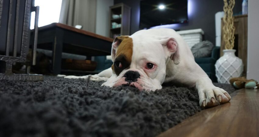 white and tan english bulldog lying on black rug