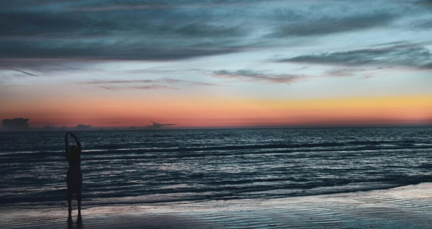 silhouette of person on seashore during golden hour