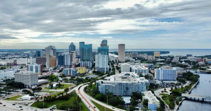 aerial view of city buildings near body of water