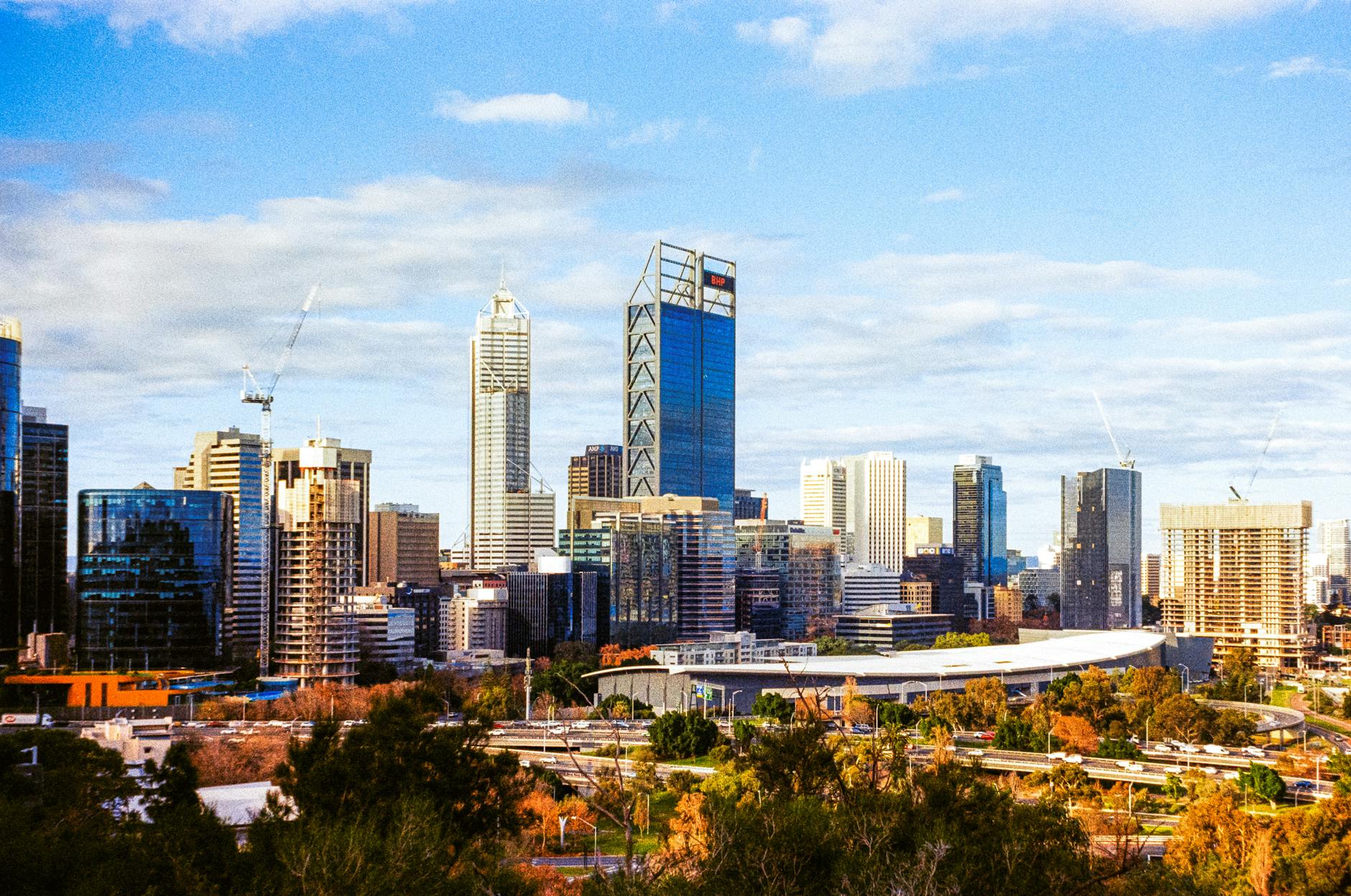 modern skyscrapers in perth skyline in western australia