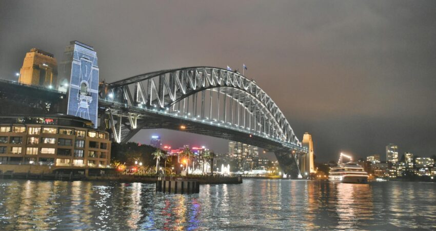 bridge under grey cloudy sky during nighttime