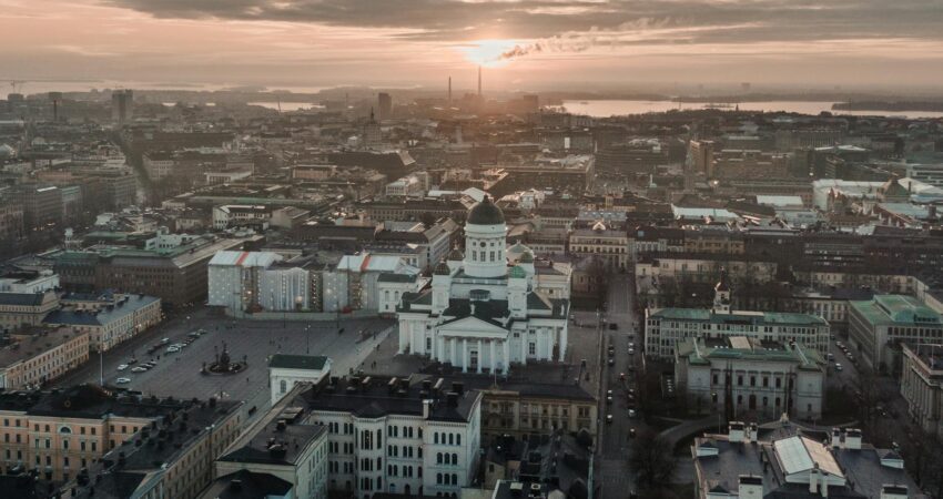 aerial view of city during sunset