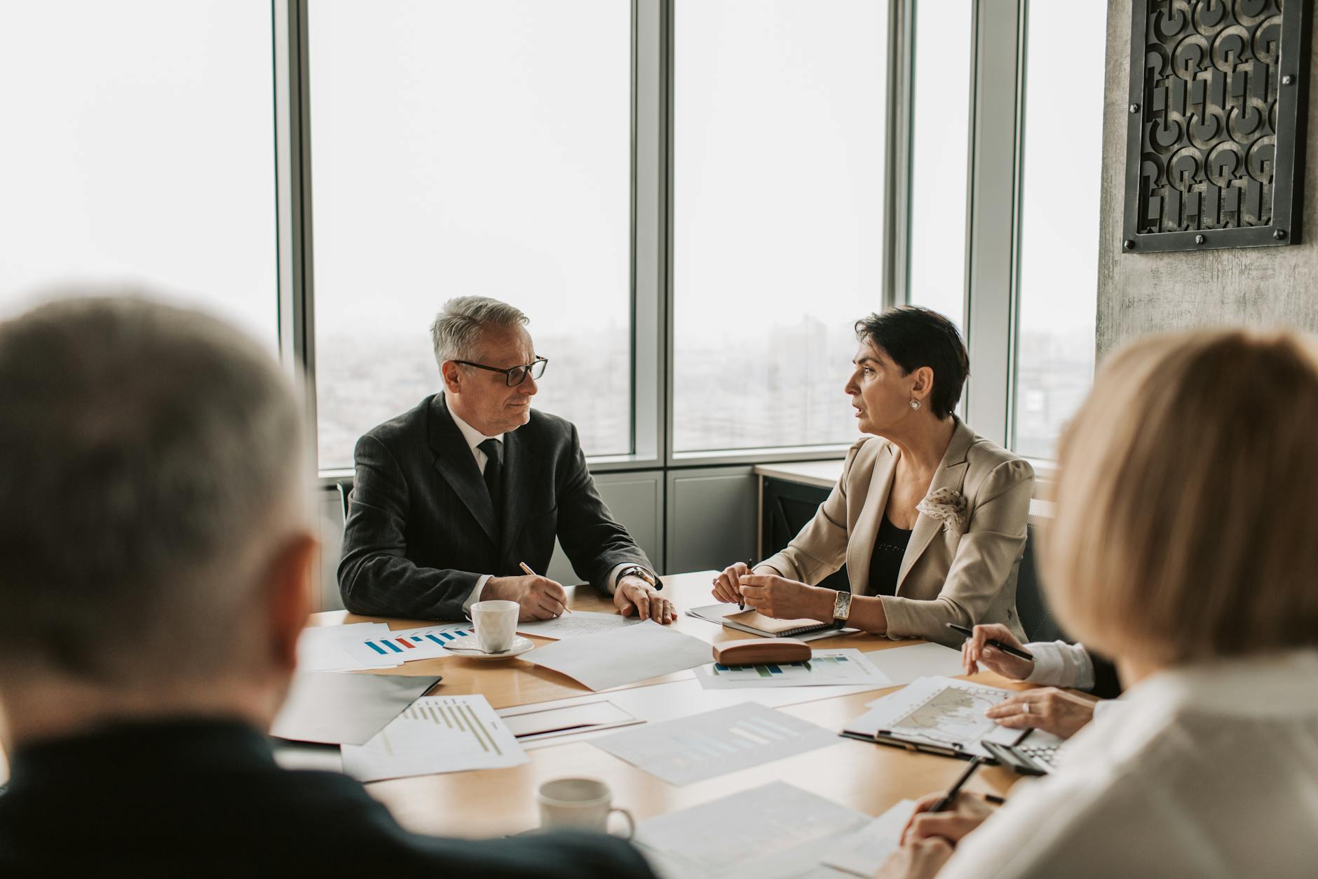 elderly man and woman discussing business in a meeting