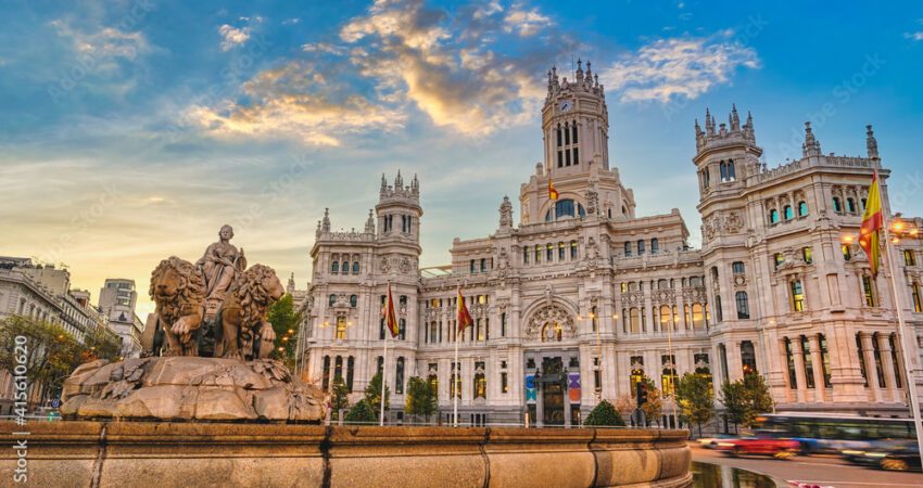 Madrid Spain, sunrise city skyline at Cibeles Fountain Town Square