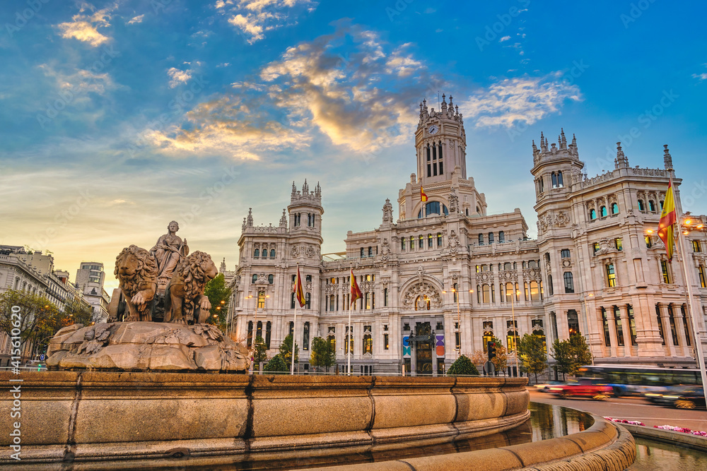 Madrid Spain, sunrise city skyline at Cibeles Fountain Town Square