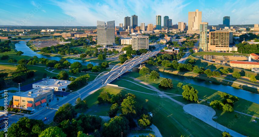 Aerial of Downtown Fort Worth Blue Sky