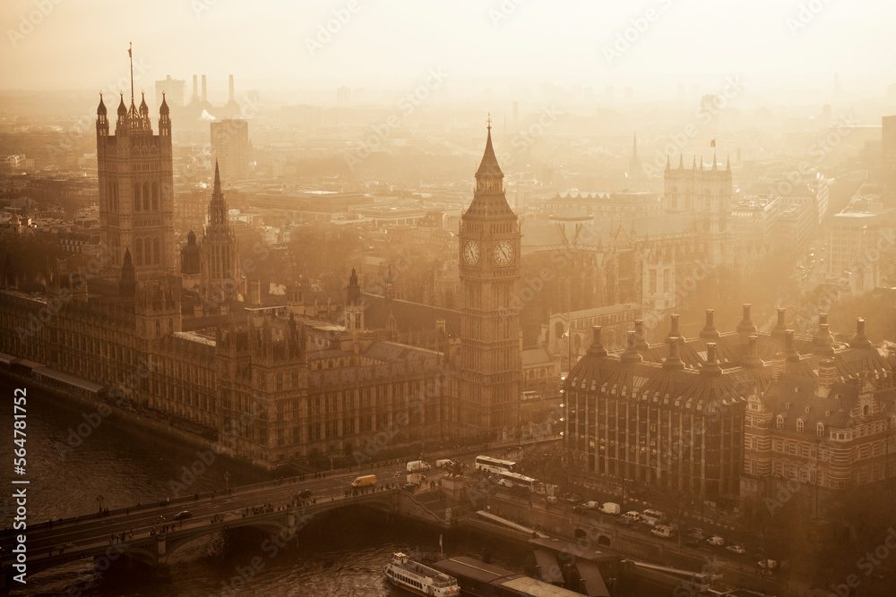 Aerial View Of Big Ben And The Palace Of Westminster And The City Of Westminster, London, England