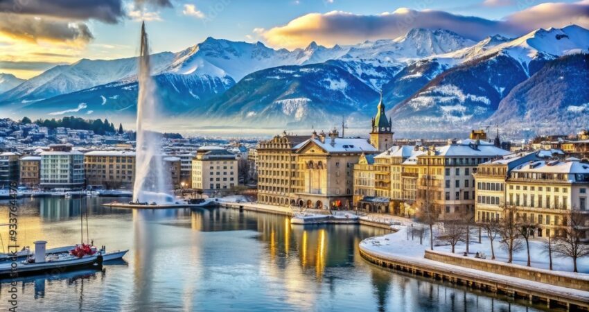 Snow-capped Alpine mountains surround tranquil Lake Geneva, surrounded by historic buildings and frozen fountains, in a serene winter wonderland scene in Geneva, Switzerland.