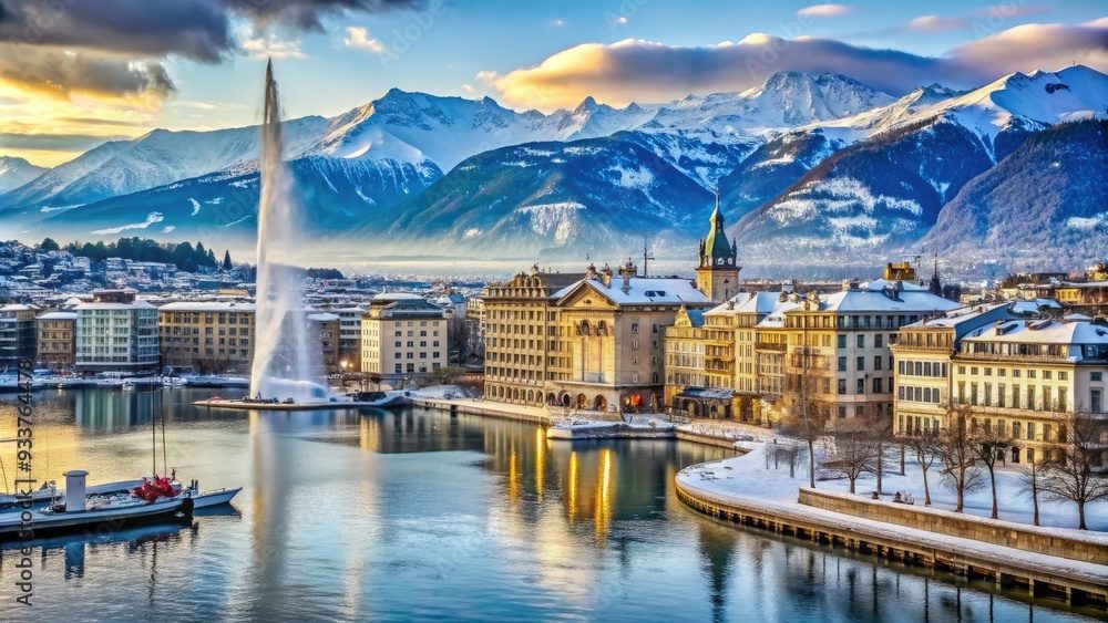 Snow-capped Alpine mountains surround tranquil Lake Geneva, surrounded by historic buildings and frozen fountains, in a serene winter wonderland scene in Geneva, Switzerland.