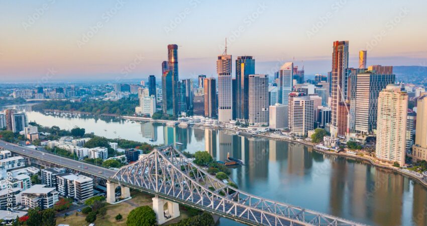 The Story Bridge in Brisbane City the capital of Queensland at sunrise - Brisbane, Queensland, Australia