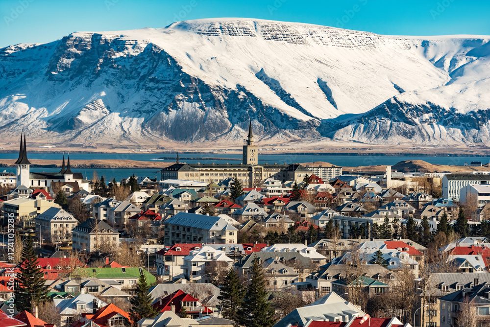 panoramic view of reykjavik at wintertime, iceland